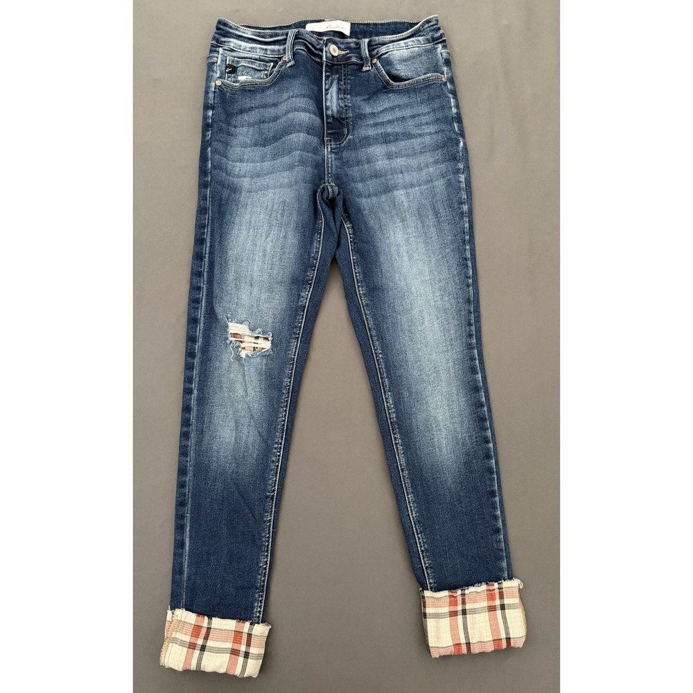 KanCan Jeans Womens Size 28 Mid Rise Plaid Cuffed Dark Wash Stretch Skinny